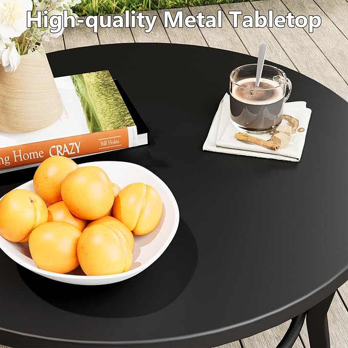 ALAULM Patio Round Coffee Table Set of 2, Outdoor Large Side Table-Weather Resistant Metal Steel for Patio, Backyard, Pool,Lawn(Black)