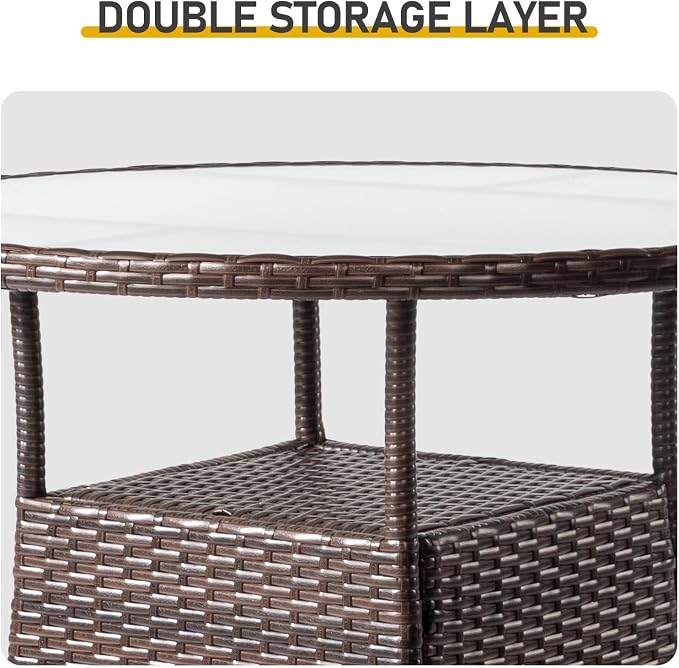 31.5 Inch Round Patio Dining Table for 2-4, Outdoor Wicker Table with Glass Top, All-Weather Rattan Bistro Coffee Table for Backyard, Deck, Porch, Poolside, Easy Assembly for Outdoor Use Brown