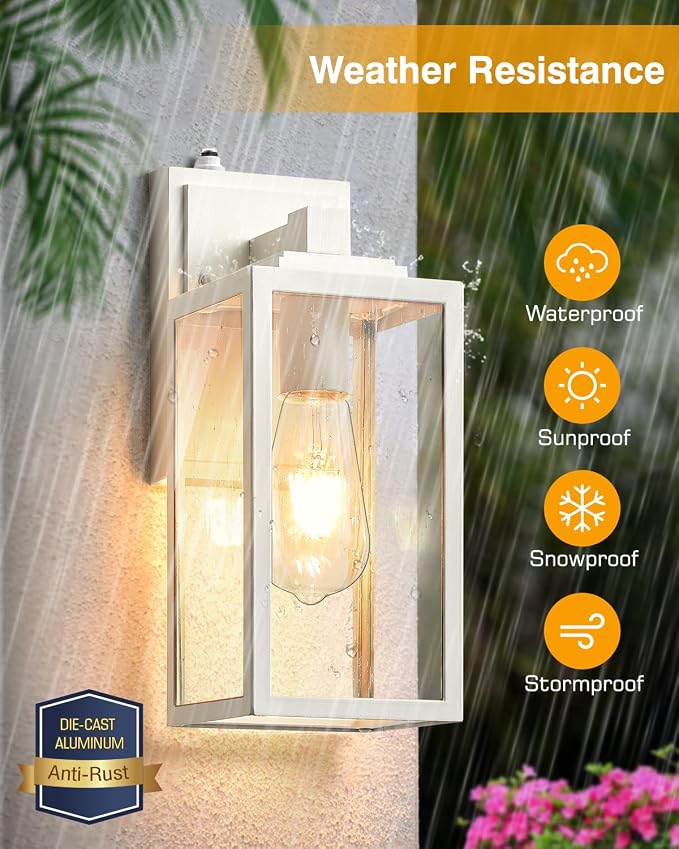 VIANIS 2 Pack White Dusk to Dawn Outdoor Wall Lantern, Waterproof Modern Outdoor Lighting Fixture Wall Mount for Garage, Anti-Rust Exterior Sconce Light with Tempered Seeded Glass for Entryway