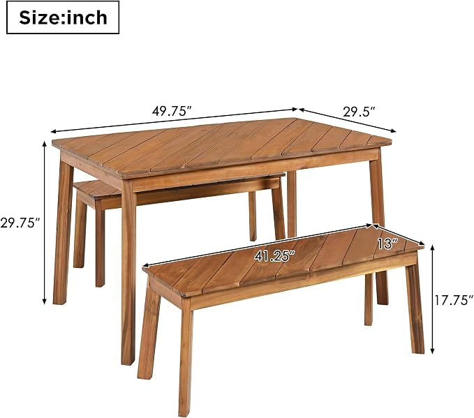 Merax Outdoor Dining Set for 4-6, 3PCS Patio Table and Bench Set, 2 Acacia Wood Diagonal Grain Patio Benches and Rectangular Dining Table, Outdoor Furniture Set for Patio, Garden, Natural