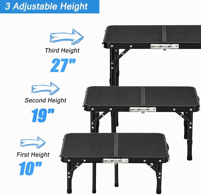 YUFIFAIRY Small Folding Table Portable, 24''L x16''W Foldable Camp Table with 3 Adjustable Height, Indoor Outdoor Lightweight Aluminum for Outdoor Cooking Picnic All Black Table(10"/19"/27.5"