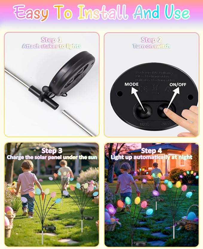 4 Pack Solar Easter Egg Lights, Firefly Lights Solar Outdoor Waterproof | 2 Lighting Modes Garden Lights, Sway with Wind, Solar lights Outdoor for Spring Lawn Yard Patio Porch Easter Decorations