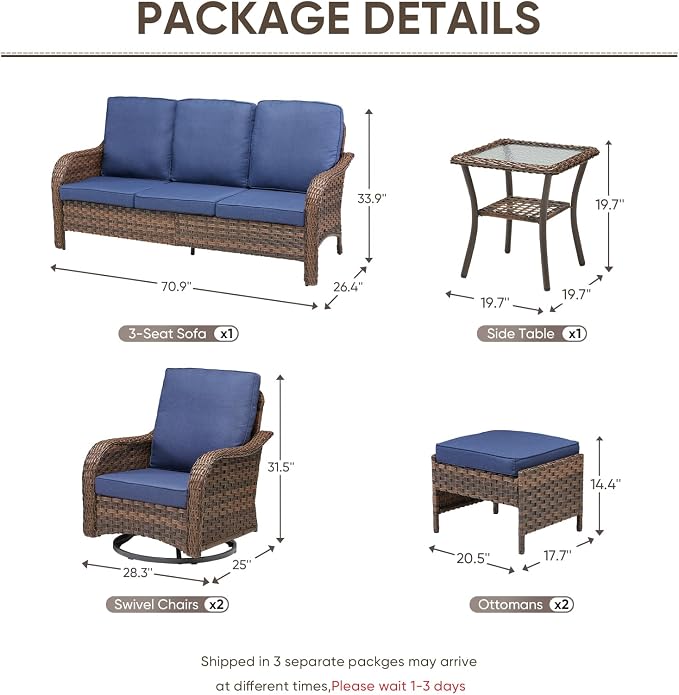 Patio Furniture Set - 6 Pieces All Weather Wicker Outdoor Furniture with 2 Swivel Chairs, 2 Ottomans, 1 Sofa and Side Table, Ergonomic Design for Porch, Deck, Balcony, Garden, and Backyard(Blue)