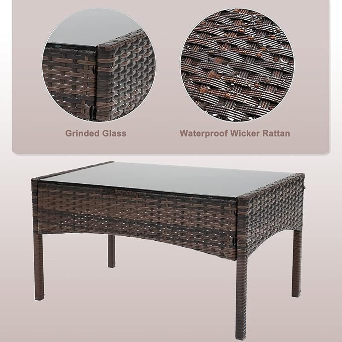 Zanzio Patio Furniture Set, 4 Pieces Porch Backyard Garden Outdoor Furniture Rattan Chairs and Table Wicker Conversation Set with Beige Cushions, Black-Brown
