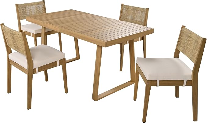 5-Piece Set Acacia Wood Dining Table and Chair Set, ll-Weather Outdoor Conversation Set Gathering Set.Thick Cushions, Suitable for Balcony, Vourtyard, and Garden (Beige@093)