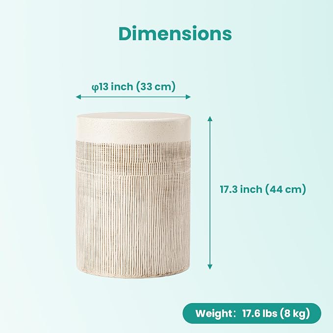 SUNBURY Outdoor Side Table, 17" H Concrete End Tables w Vertical Thread, Ceramic Accent Table for Patio, Round Modern Garden Stool for Patio, Backyard, Light Yellowish