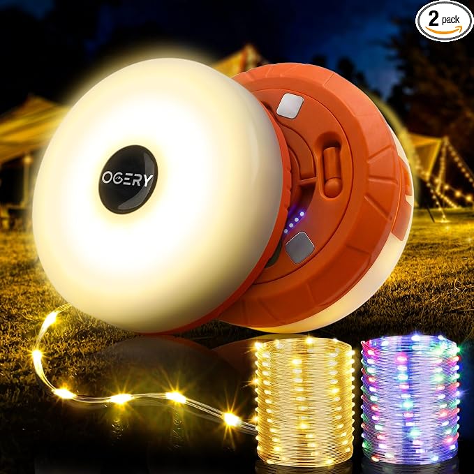 2-Pack Camping String Lights 4 in 1, 32.8FT Quick Storage 8 Modes | Protable Rechargeable Fairy Tent Lights String , Waterproof Portable LED Lamp for Outdoor Indoor Patio Decor Essentials