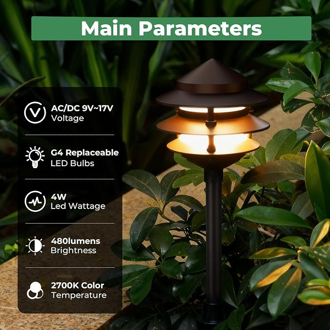 Pagoda Low Voltage Landscape Pathway Lights, 12V Outdoor LED Path Lights Wired, Aluminum Walkway Lighting with 4W 2700K Replaceable G4 Bulb, Bronze Classic 3-Tier Lantern, 12 Pack