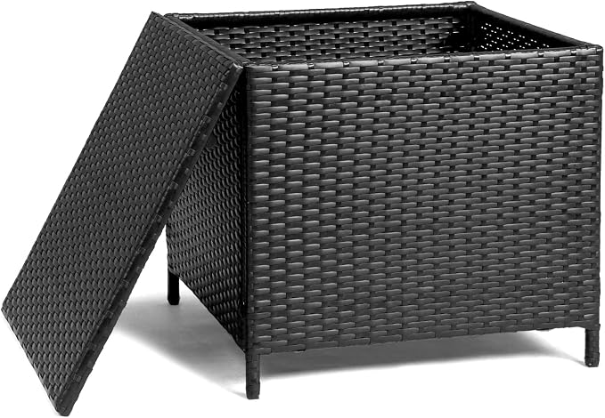 Vasitelan Outdoor Wicker Storage Side Table, Patio Brown PE Rattan End Table with Storage, Square Container for Furniture Covers, Gardening Tools (Black)