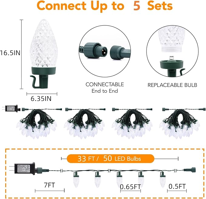 C9 LED Christmas Lights Outdoor,33 Feet 50 LED 8 Lighting Modes Waterproof Connectable Christmas String Lights for Outside Roofline Patio Home Xmas Decorations (Warm White)