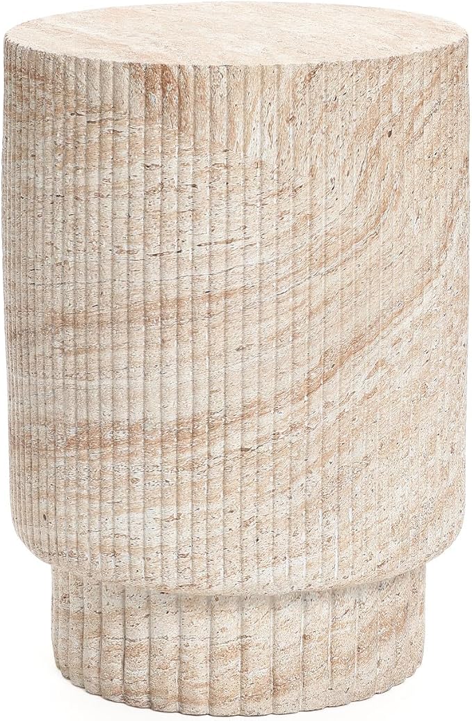 LuxenHome Outdoor Accent Side Table, 18'' Travertine-Style Outdoor Furniture, Round with Ribbed Cement End Table for Patio Backyard Balcony, Modern Coffee Furniture Gift