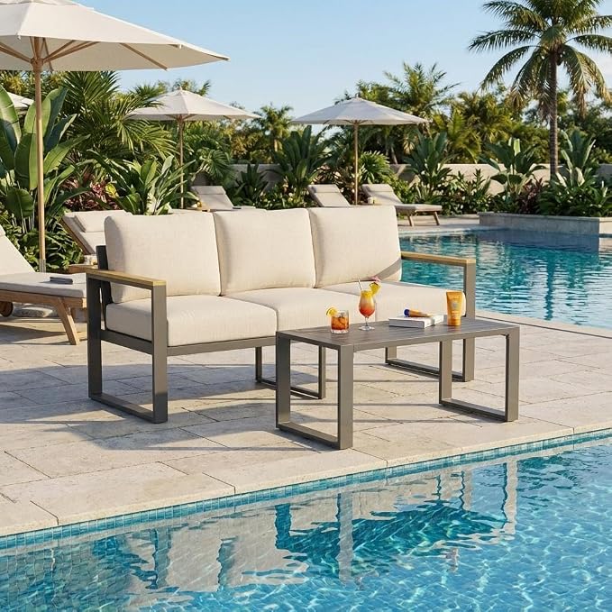 Modern Aluminum Patio Chair Set - All-Weather Metal Outdoor Furniture with Thick Washable Cushions - Includes Sofa and Coffee Table - Ideal for Balcony, Garden, Deck, Backyard - Beige