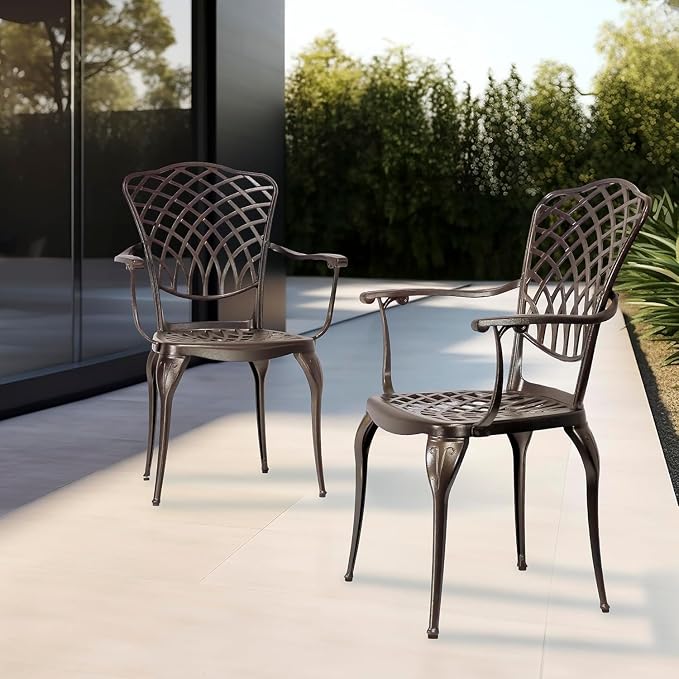 2-Piece Outdoor Dining Chairs,Super Stable Cast Aluminum Chairs with Armrest,2-Pack Patio Armchairs for Garden, Backyard,All-Weather Resistant Outdoor Dining Furniture, Brown