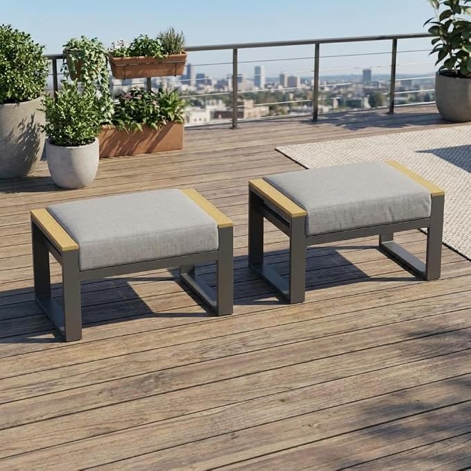 Patio Outdoor Ottoman Assembled Aluminum Footstools Small Seat Side Table Footrest for Balcony, Garden, Deck, Backyard,Gray