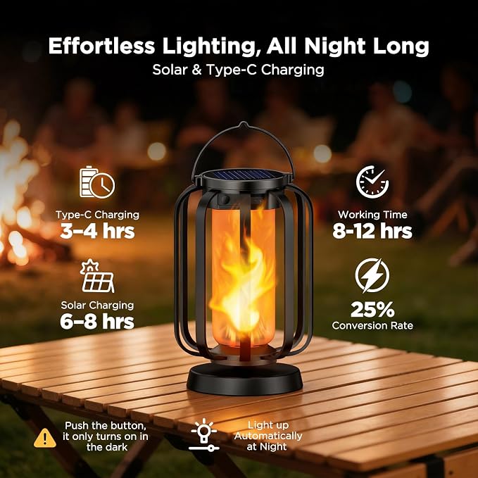 Hompavo Gen2 Solar Lanterns Outdoor Lights with Ultra-Real Flame | USB/Solar Charging & 4-Mode, Waterproof Decorative Hanging/Table Light for Pathway Yard Patio Garden Decor Gifts for Women, 4
