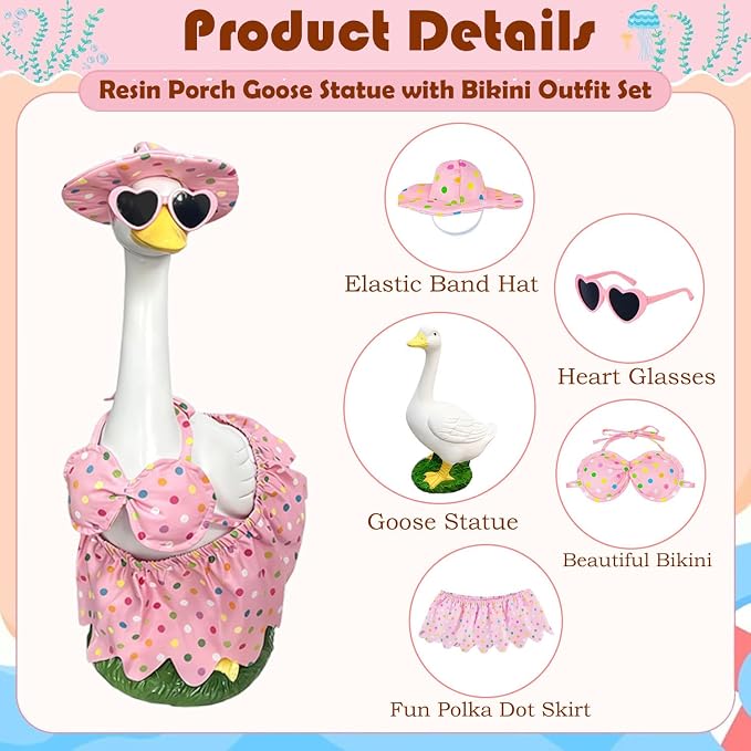 Porch Goose Statue with Outfits - 20" Large Porch Goose Statues Wear Pink Summer Bikini, Resin Animal Sculpture, Indoor or Outdoor Decor Figurine for Garden,Lawn,Pool,Entryway Accent,Housewarming Gift