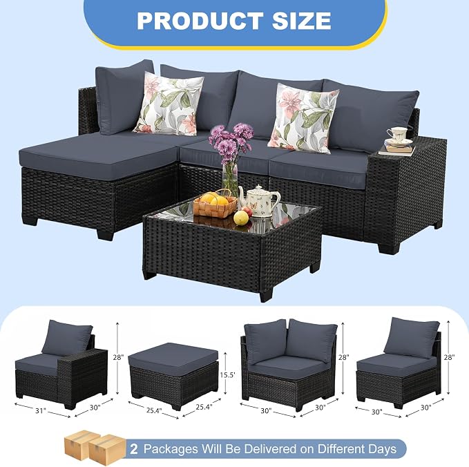 5 Pieces Patio Furniture Set, Wicker Outdoor Conversation Sets with Tea Table, Rattan Patio Sofa with Thick Cushions for Garden, Backyard Porch, Poolside, Party, Gray