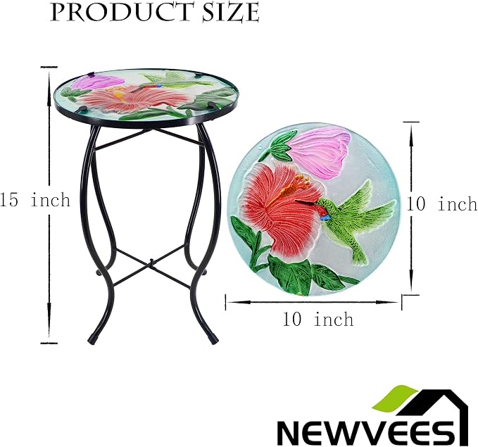 Hummingbird Patio Side Table, Small Patio Outdoor Side Table, Plant Table,Metal Glass End Table for Porch Garden Yard Pool.