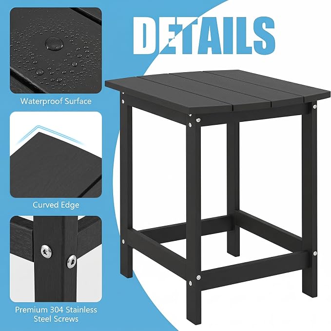 Tangkula Outdoor Side Table, Weather Resistant Adirondack Table, Outdoor Indoor Chairside End Tables, Waterproof HDPE, for Patio Poolside Porch Backyard, Easy Assembly, 19 x 14.5 x 18 Inch (1, Black)