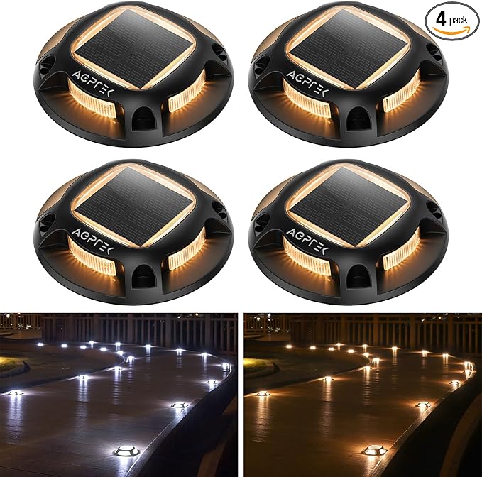 AGPTEK Solar Driveway Lights Outdoor 4 Pack, 2 Color Modes LED Deck Dock | Marine Waterproof Driveway Marker Lights for Step Sidewalk Stair Garden Pathway Walkway Yard (Warm White/Cool White, Black)