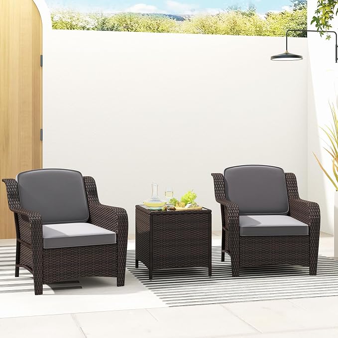 Tangkula 3 Pieces Outdoor Patio Furniture Set, Patiojoy PE Rattan Wicker Chairs with Cushions and Tempered Glass Coffee Table, Outdoor Wicker Conversation Bistro Set for Porch, Balcony, Garden (Gray)