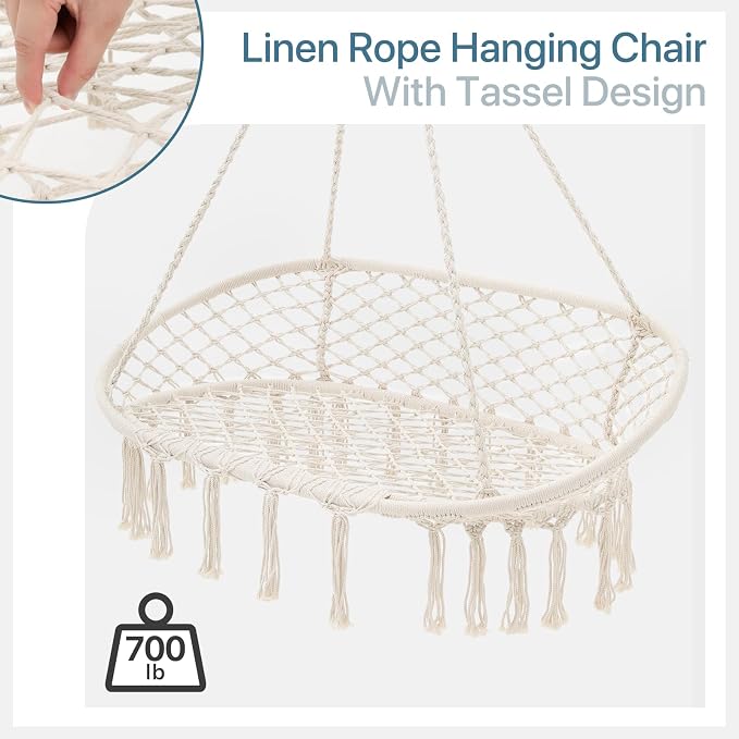 Double Hammock Chair for Indoor & Outdoor Use, Durable Woven Cotton Ropes & Iron Frame, Comfortable Seating for Patio Garden and Porch, 700 lbs Capacity, White