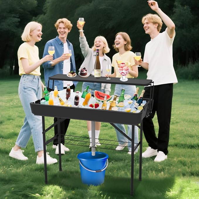 Double-Layer Ice Cooler Folding Table, Party Chilling Table with Drain and Detachable Black Skirt to Keep Drinks Cool for Weddings, Outdoor, Picnics, Pool Parties