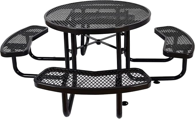 46" Thermoplastic Picnic Table with Umbrella Hole up to 1.5", Heavy Duty Commercial Picnic Table for Outdoor, Family & Party Ready for School Camping, Round, Black
