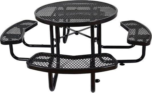 46" Round Commercial Picnic Table for 4-8 Person, Heavy Duty Metal Outdoor Picnic Table with Umbrella Hole for Coffee Shop, School, Hospital, Easy to Install, Black