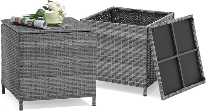 Verano Garden Outdoor Wicker Side Table Set of 2, Small Storage Rattan Wicker End Table, Square Resin Coffee Table for Garden Porch Deck Living Room Backyard