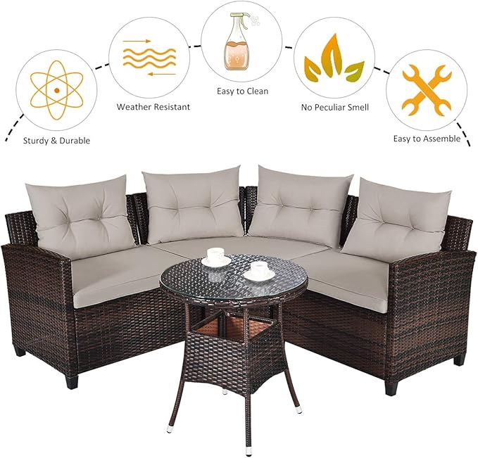 HAPPYGRILL 4 Pieces Rattan Patio Conversation Set, Outdoor Wicker Furniture Set with Cushioned Sofas and Coffee Table, L-Shape Sectional Curved Sofa Set for Garden Poolside Balcony