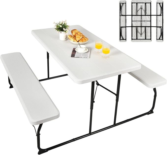 S AFSTAR Folding Picnic Table, Plastic Picnic Table with 2 Benches, Outdoor Foldable Table and Bench with Steel Frame & Wood-Like Texture Tabletop, Camping Chair Set for Garden Patio Lawn(White)