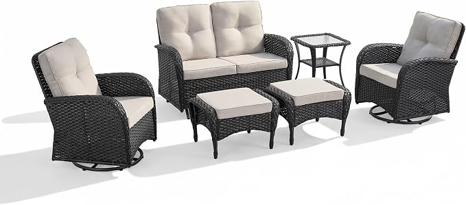 6 Piece Patio Furniture Set - Wicker Patio Conversation Set with Swivel Glider, Glider Loveseat, Tempered Glass Side Table and 2 Ottomans for Deck Backyard - Black Wicker Beige Cushion