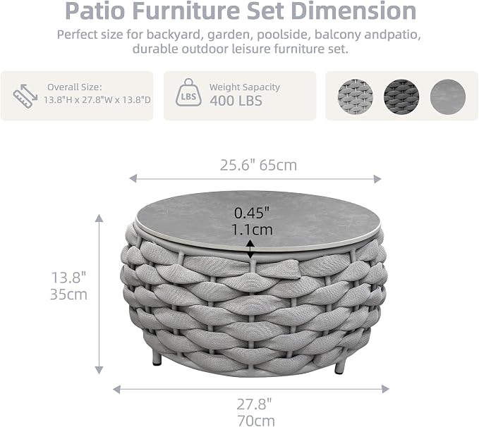 TWT 3 Piece Outdoor Patio Furniture Set, Rope Weave Conversation Sofa with Water Repellent Cushions, Patio Couch with Coffee Table for Backyard Garden Porch Poolside,Light Grey