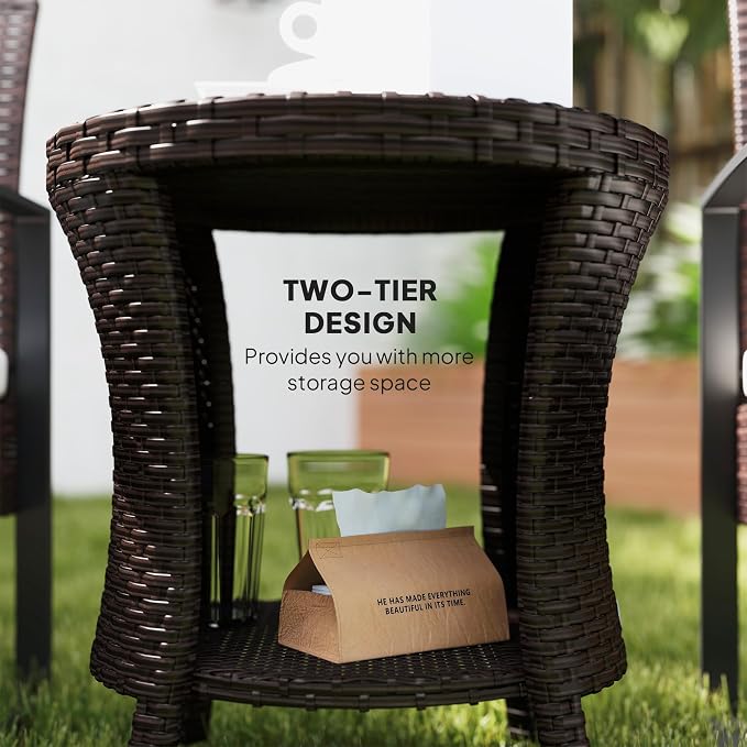 Outsunny 18" Outdoor Wicker Coffee Table, 2-Tier Patio Side Table with Storage, PE Rattan End Table with Composite Wood Top, Steel Frame for Garden Backyard Balcony, Mixed Brown