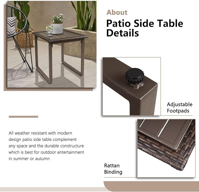 Wicker Outdoor Side Table for Patio Set of 2, 2 PCS Square Rattan Outdoor End Tables for Outside Porch Lawn Garden Balcony Pool Bistro, Brown