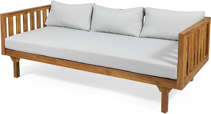 Christopher Knight Home Charm Patio Conversation Set, 3 Seater Acacia Wood Sofa, Spacious Seating Daybed, Wood Coffee Table, Round Side Table, Outdoor Furniture for Backyard Garden Rest, Light Gray