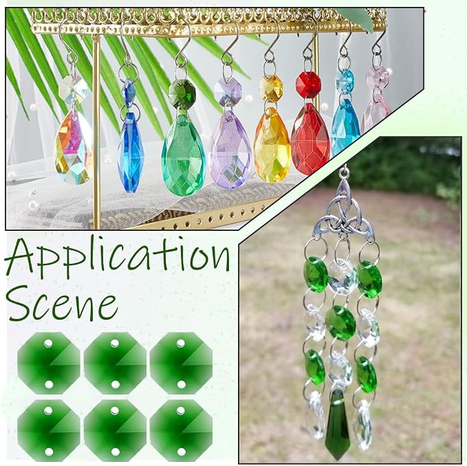 1 Box 120Pcs Glass Prism Beads Crystal Octagon Beads 2 Holes Chandelier Prisms Parts Replacement Links Ornaments Lamp Hanging Pendants for Suncatcher Home DIY Arts Crafts Decor Lime Green
