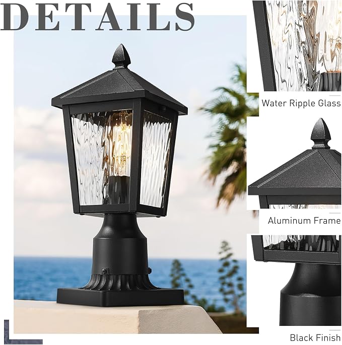 zeyu 13.6 Inch Outdoor Light Fixture for Post, Exterior Post Light Fixtures for Patio, Die-Cast Aluminum with Water Ripple Glass, Black Finish, 20076PS BK-WP