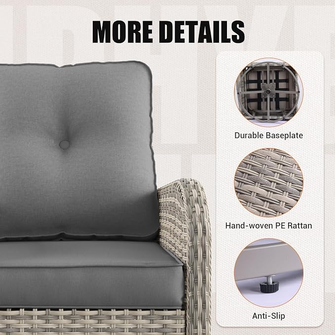 7Pcs Patio Rocking Swivel Chair with 55,000 BTU Fire Pit Table Outdoor Wicker Rattan Bistro Set with Tempered Glass Side Table, Outdoor Patio Furniture Set for Garden and Balcony, Grey