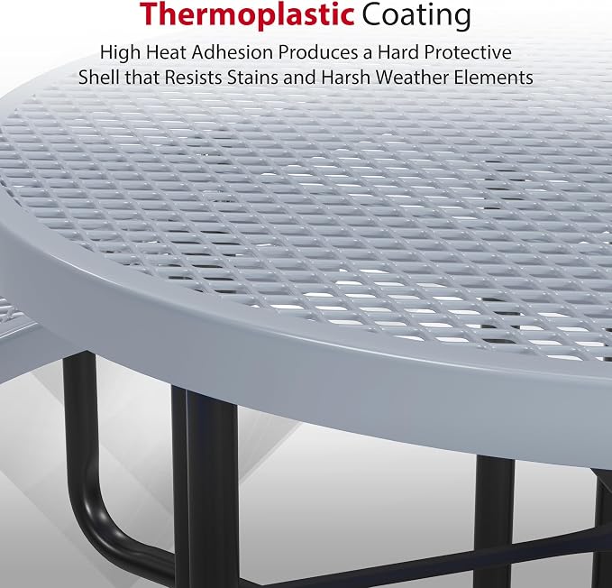 Leisure Craft Metal Picnic Table with Bench - 46" Round Outdoor Dining Table for 8 with Umbrella Hole, Weatherproof Heavy Duty Thermoplastic Coating, Commercial Grade Furniture Made in USA - Gray