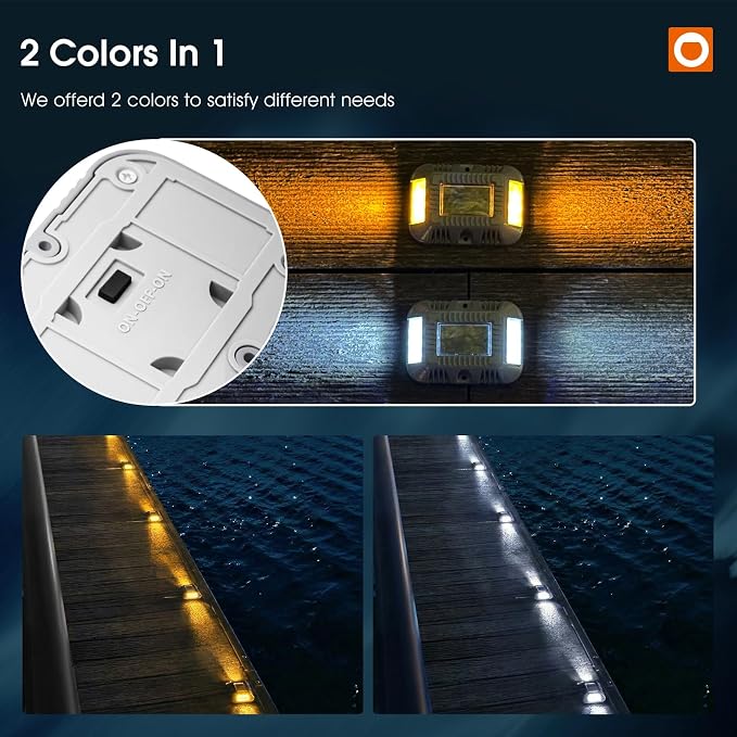 addlon Solar Dock Lights Marine 8 Pack, 2CCT Outdoor Driveway Marker Deck Lights, IP67 Waterproof, Solar Powered Deck Light for Pathway Warning Step Sidewalk Patio, Warm White & Cool White, FCC