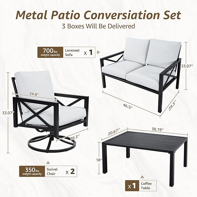 NATURAL EXPRESSIONS 4 Pieces Patio Furniture Sets, Modern Metal Outdoor Conversation Sets with High Back Rocking Swivel Chairs,38’’ Metal Table, 5.5" Thick Cushions