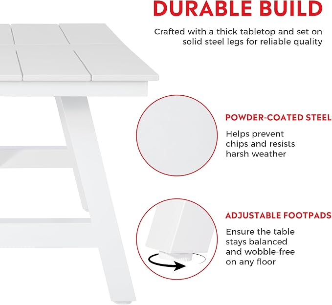 Costaelm Outdoor Dining Tables for Patio, 72" Rectangle 6-Person HDPE Dining Table with Umbrella Hole and Metal Frame for Outside, Garden, Poolside, Backyard, Porch, Balcony, White