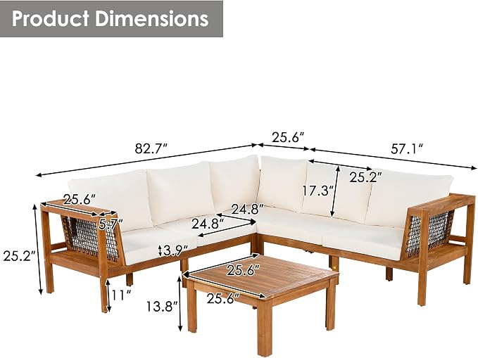 4 Pieces Outdoor Acacia Wood Sofa Set,Woven Mesh Armrests, L-Shaped Patio Furniture Sofa Set with Coffee Table, Outdoor Conversation Set (Beige+Teak#49)