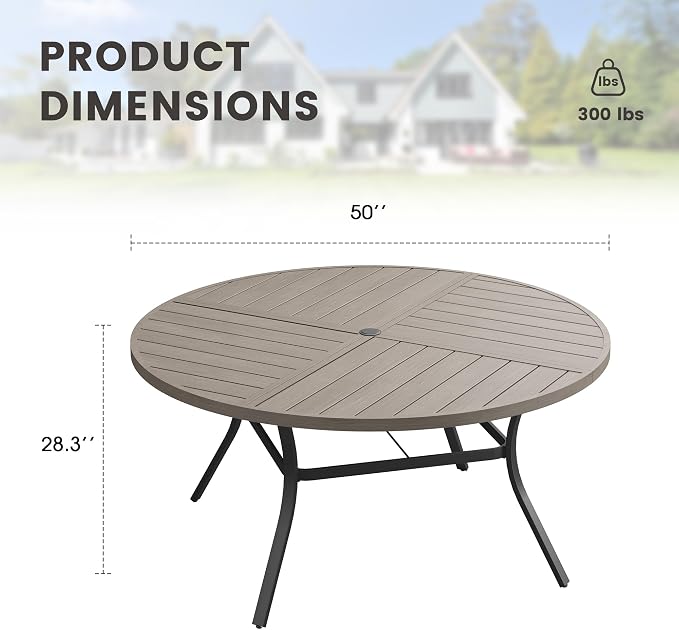 50" Outdoor Dining Table with Adjustable Umbrella Hole, Metal Slatted Round Patio Dining Table for Backyard Garden Deck, Antique Grey