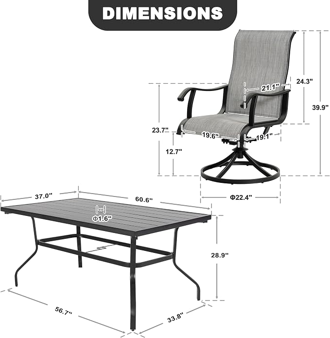 NUU GARDEN 7-Piece Outdoor Dining Set, Metal Patio Table with Umbrella Hole, 6 High-Back All-Weather Textilene Swivel Chairs for Garden, Poolside and Backyard, Black and Light Gray