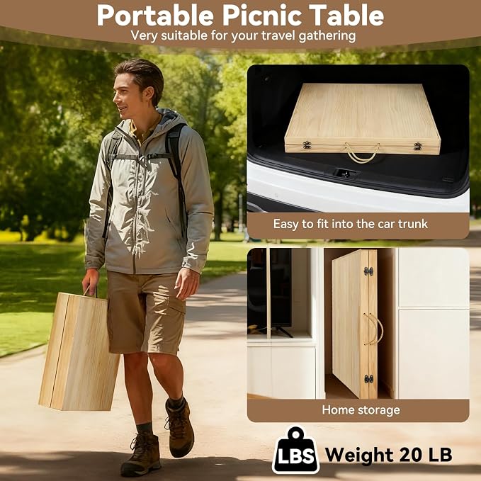 Portable Wooden Outdoor Low Picnic Table for Floor Seating, Beach, Camping, BBQ, Backyard, 60x30in