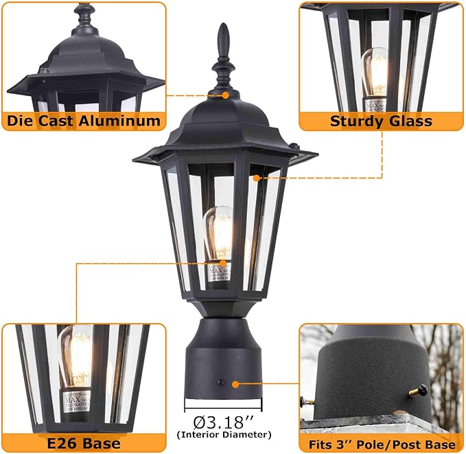 Outdoor Post Light, Rustproof Aluminum Pole Lamp, Black | Exterior Lamp Post Light Fixture for Garden, Yard, Pathway, Waterproof, Glass, E26 Base, Max 60W, 1 Pack