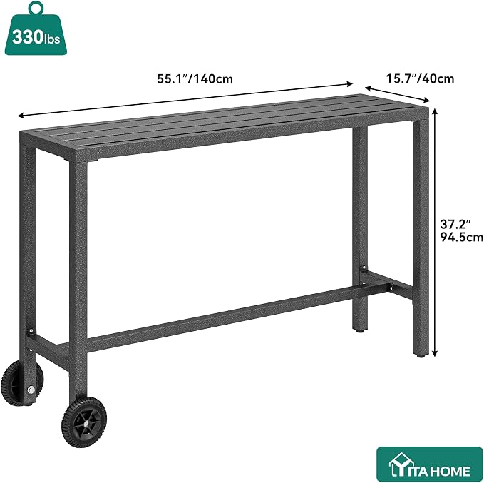 YITAHOME Metal Outdoor Patio Bar Table, 55" Tall Bar Height Table with Wheels, Narrow Rectangle Console Table for Balcony Garden Poolside, Silver Bottom Texture